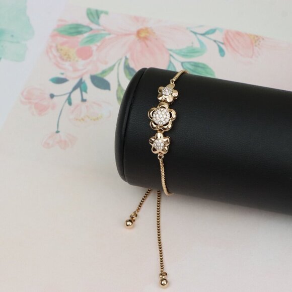 Elegant Rose Gold Adjustable Flower Bracelet with Sparkling Stones, XPAB0616 - Picture 10 of 12